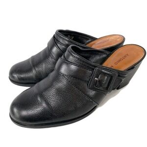 Antonio Melani Shoes Sz 6.5 Jolene Leather Mules Slide Block Heeled Clog Black